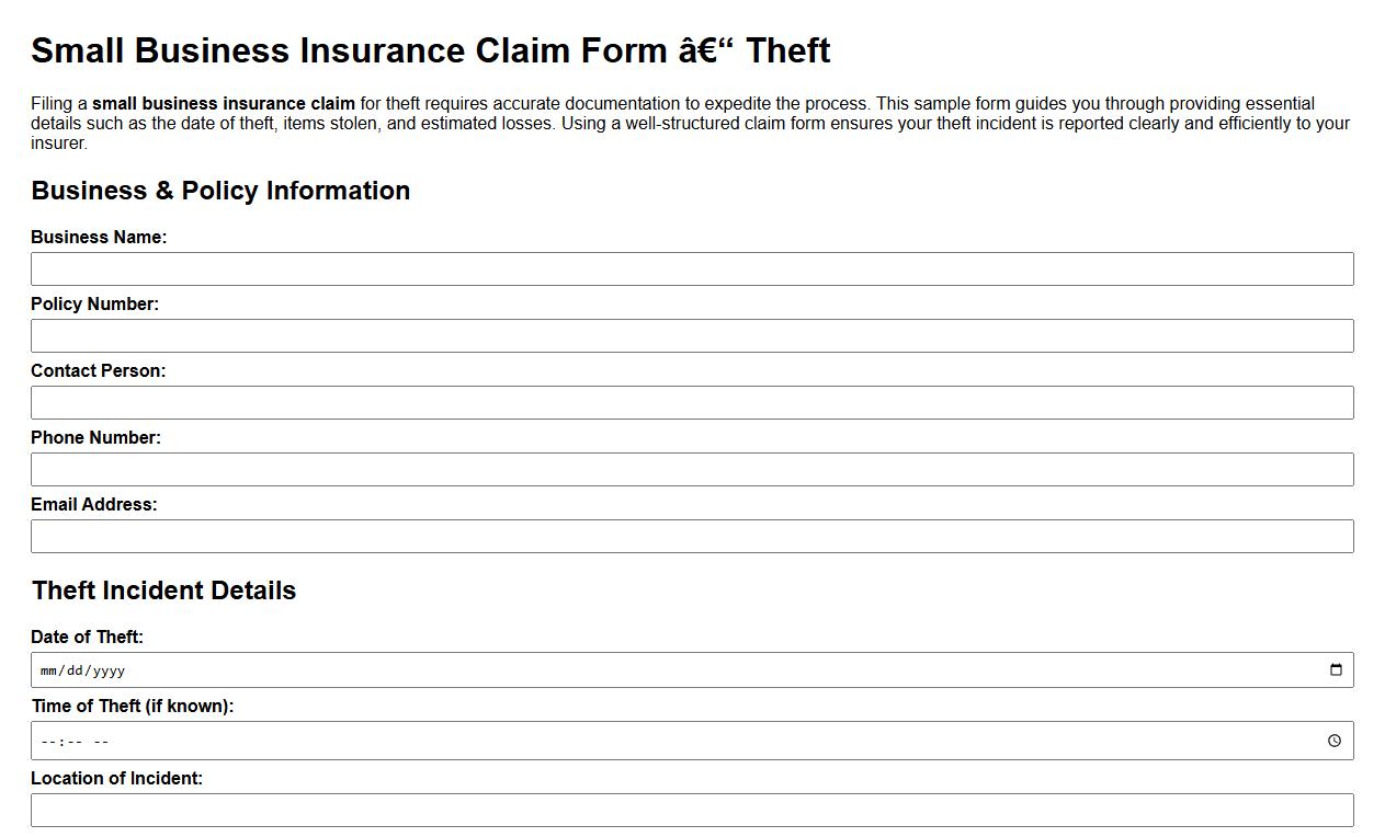 small business insurance claim form sample for theft image preview