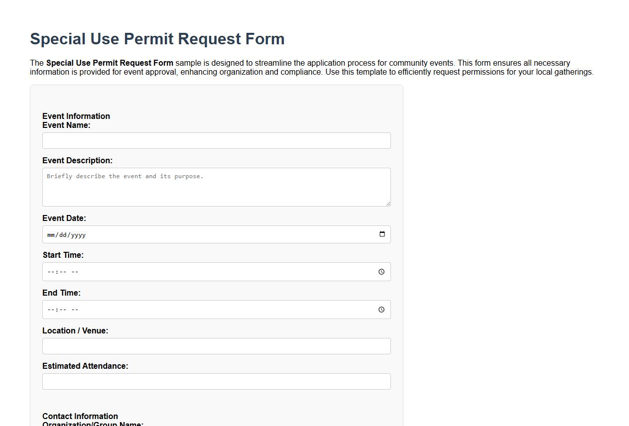 Special Use Permit Request Form Sample for Community Events image preview