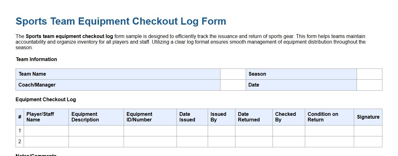 Sports team equipment checkout log form sample image preview