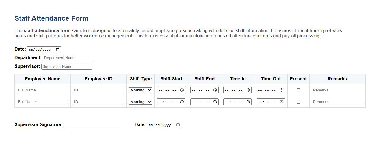 Staff attendance form sample including shift details image preview