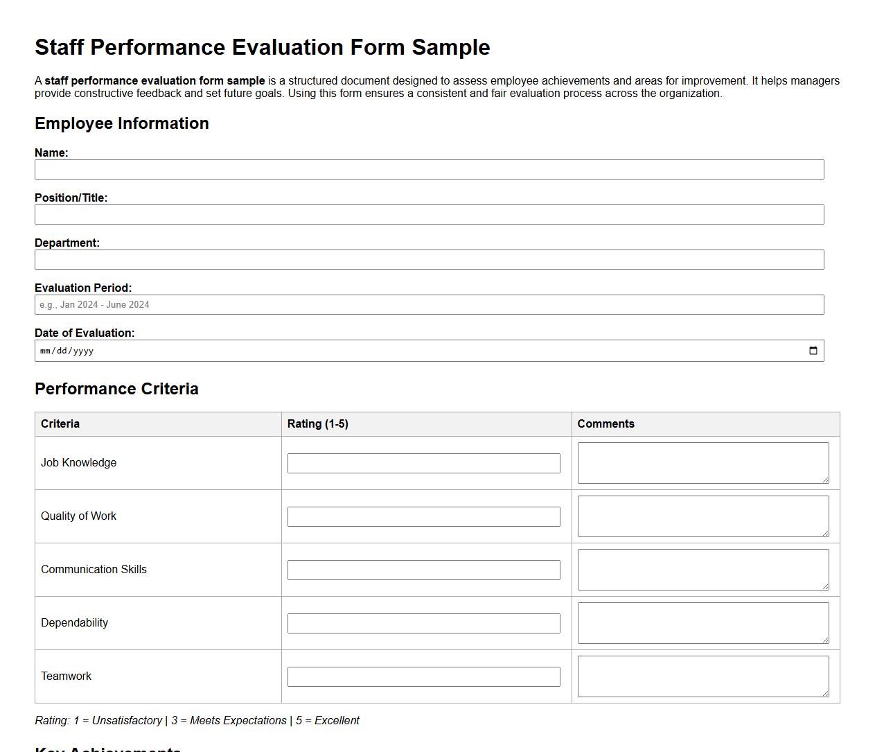 staff performance evaluation form sample image preview