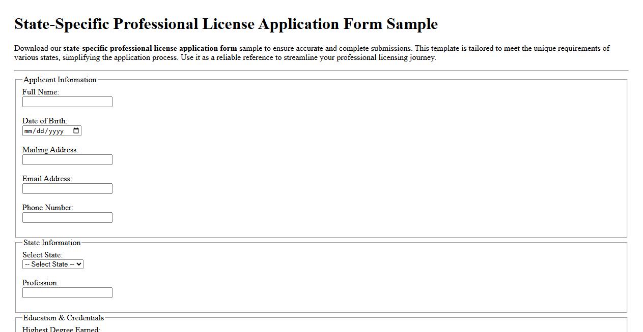 State-specific professional license application form sample image preview
