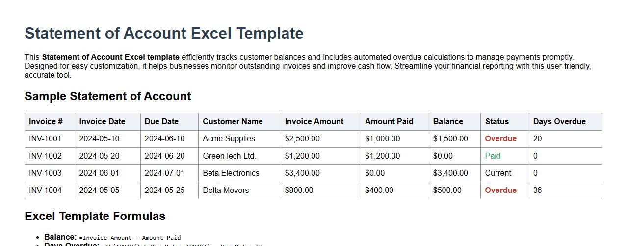 Statement of account Excel template including overdue calculations image preview