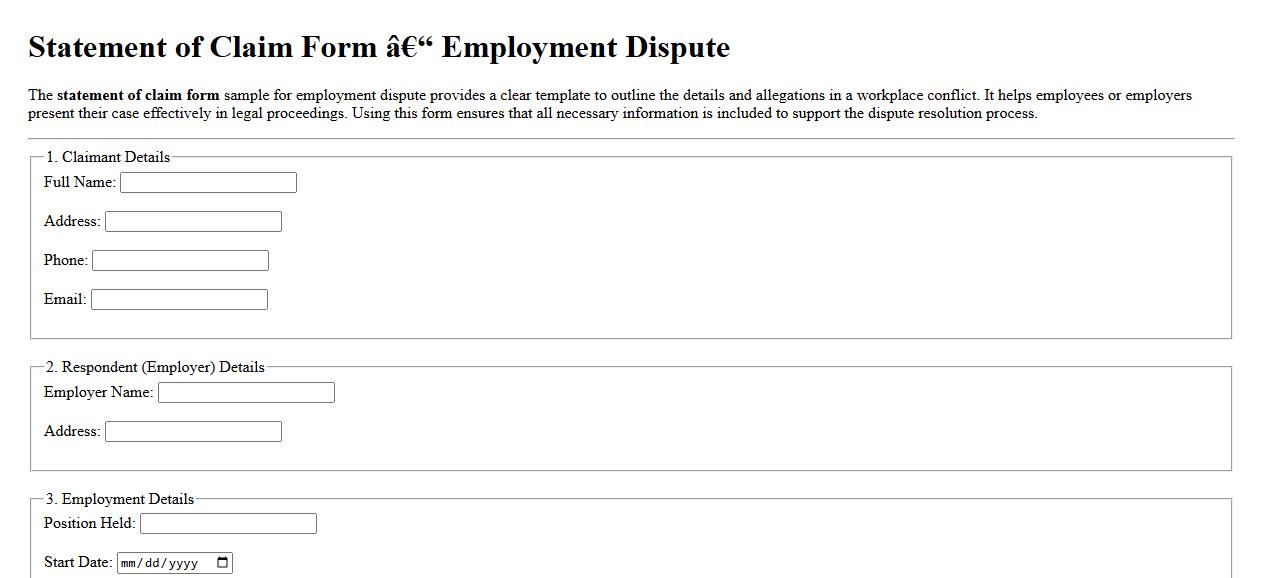Statement of claim form sample for employment dispute image preview