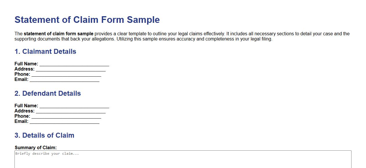 Statement of claim form sample including supporting documents image preview