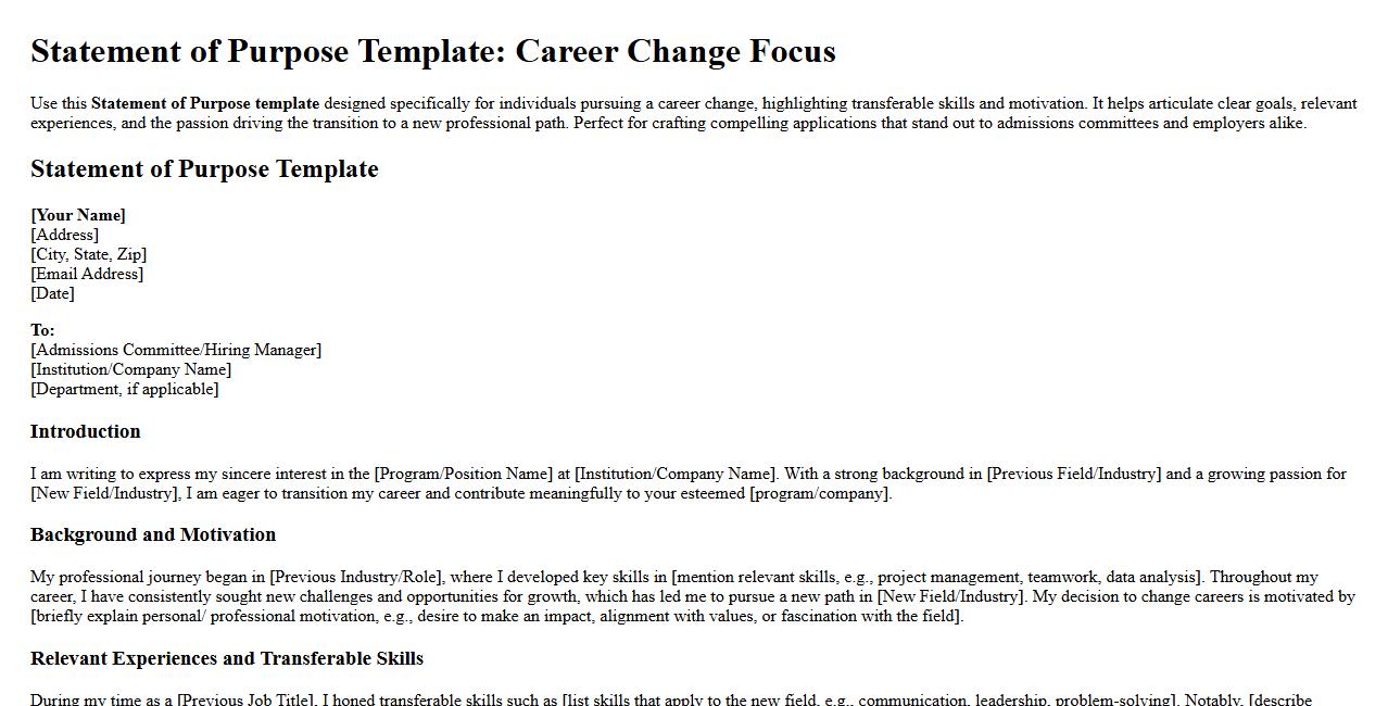 Statement of Purpose template with career change focus image preview