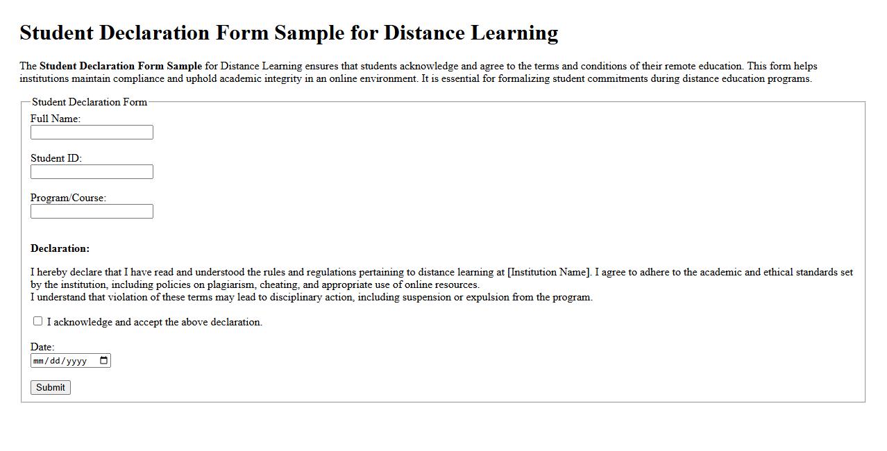 Student Declaration Form Sample for Distance Learning image preview