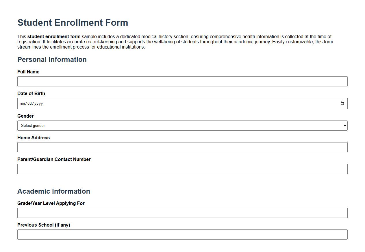 Student enrollment form sample with medical history section image preview
