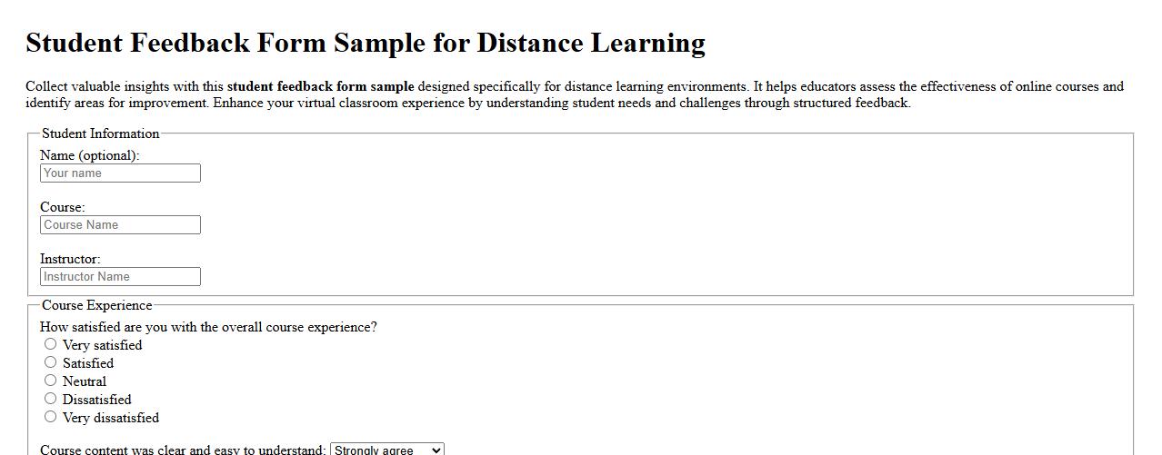Student feedback form sample for distance learning image preview