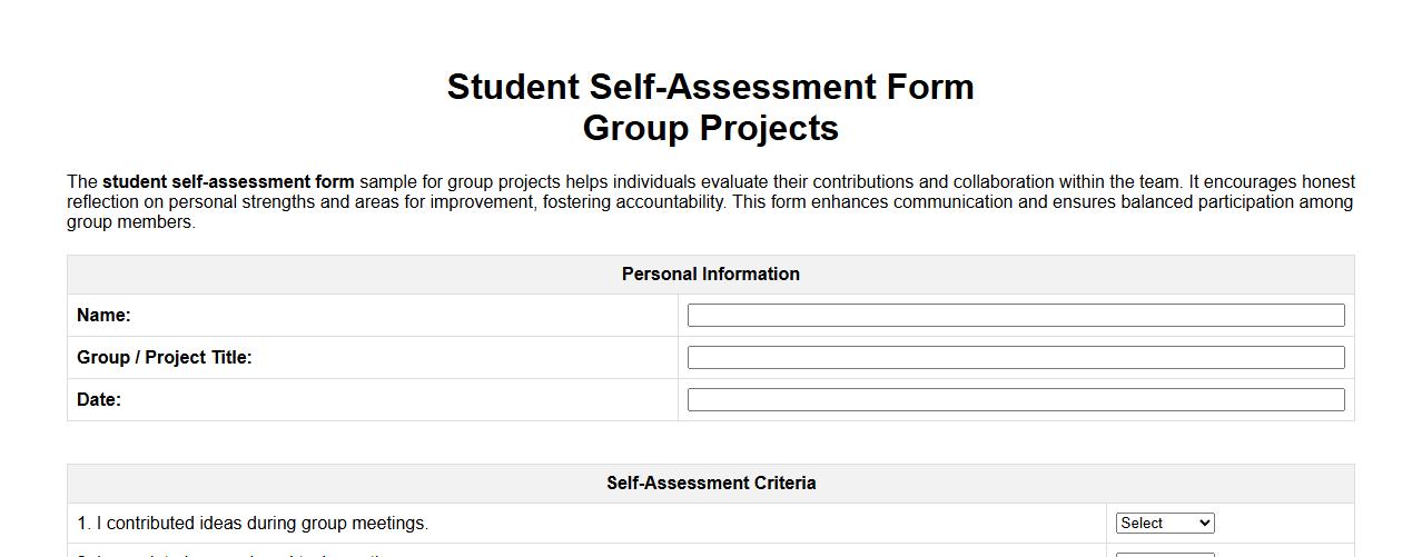 student self-assessment form sample for group projects image preview