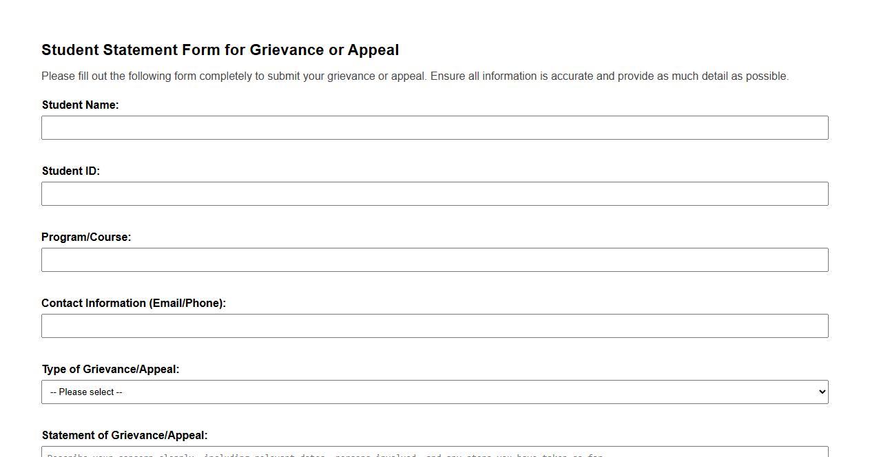 Student statement form sample for grievance or appeal image preview
