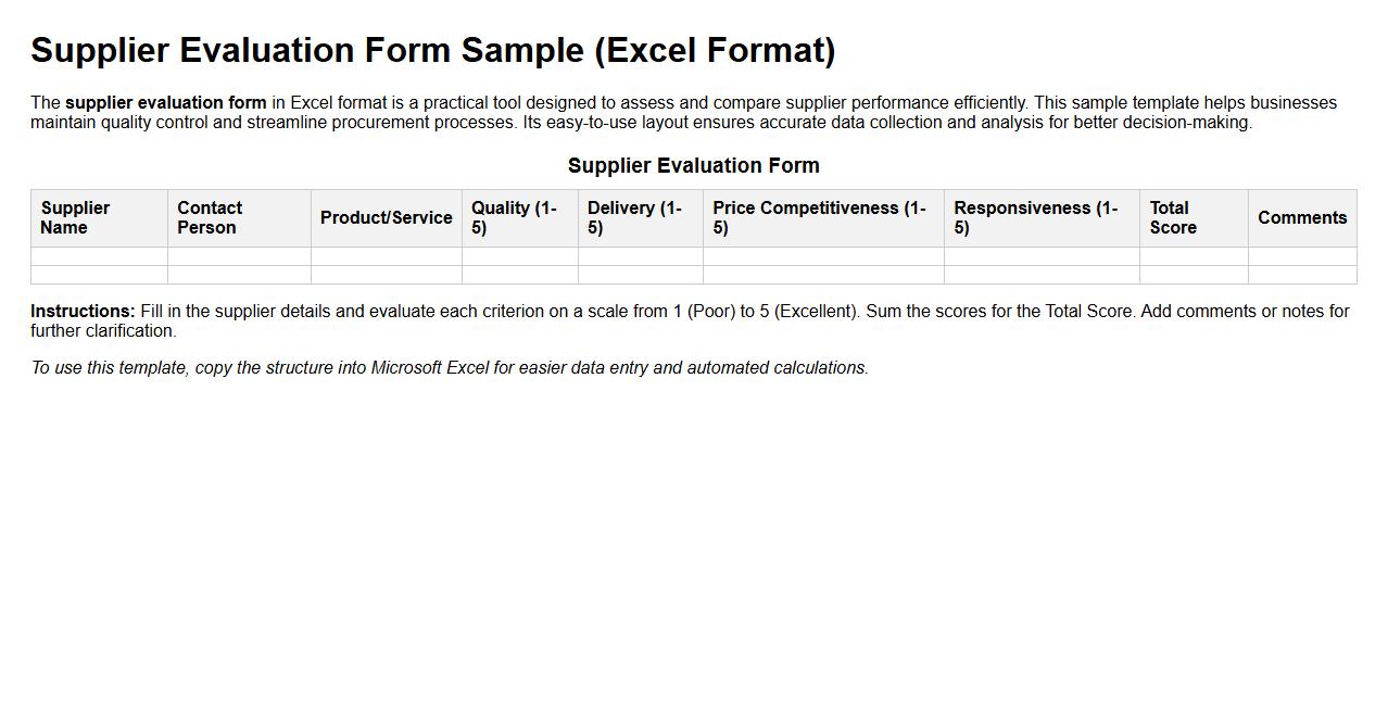 supplier evaluation form sample excel format image preview