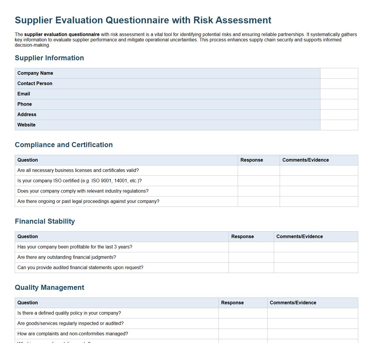 Supplier evaluation questionnaire with risk assessment image preview