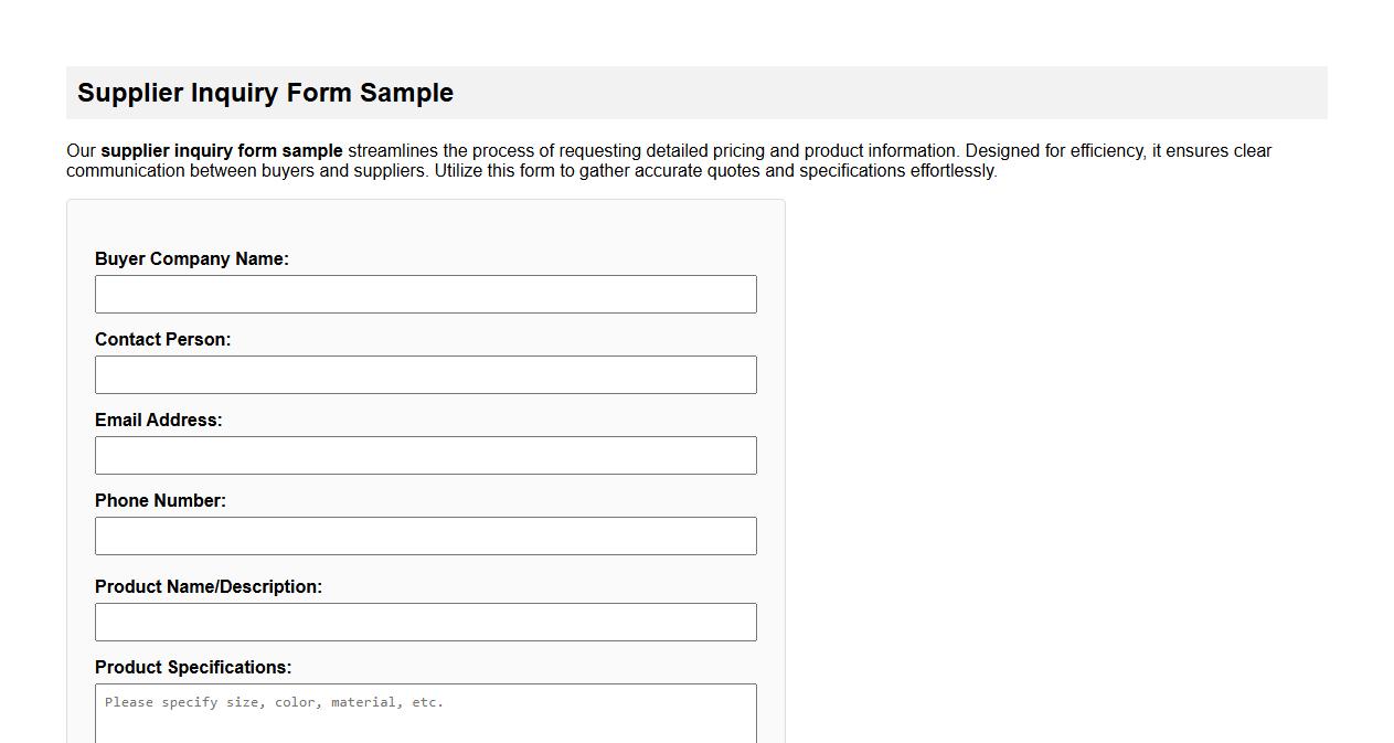 supplier inquiry form sample including pricing request image preview