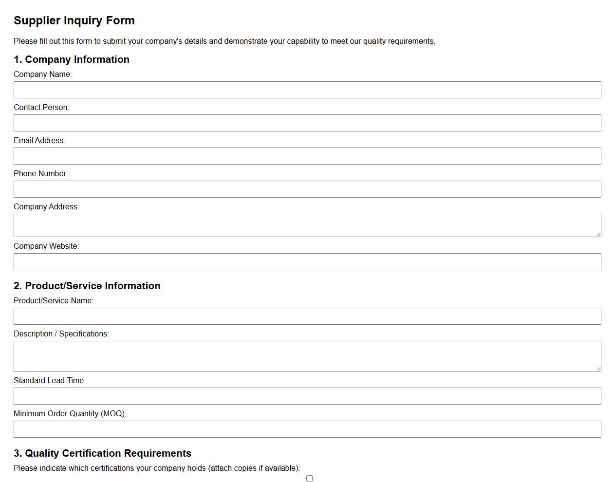 supplier inquiry form sample including quality certification requirements image preview
