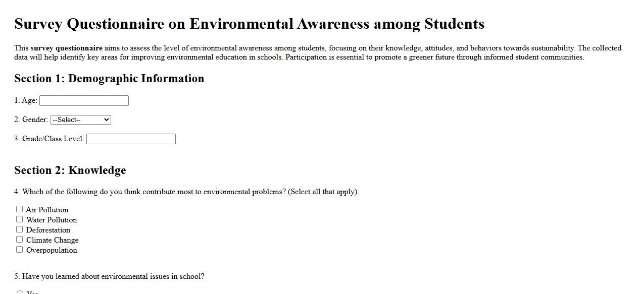 Survey questionnaire on environmental awareness among students image preview