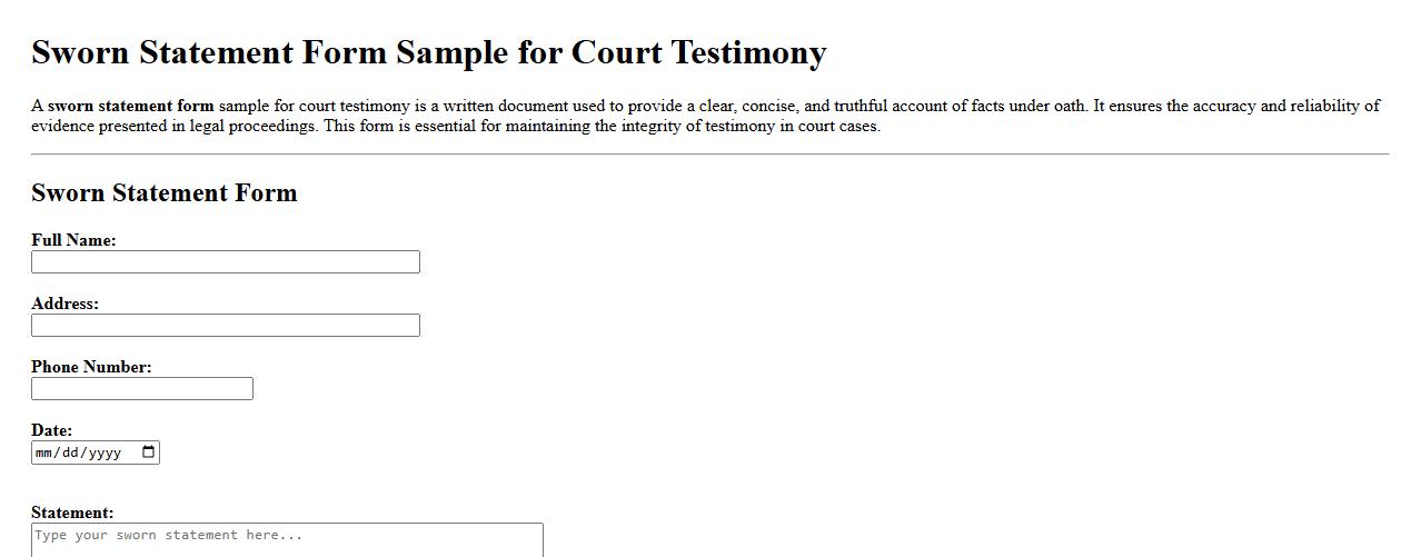 Sworn statement form sample for court testimony image preview