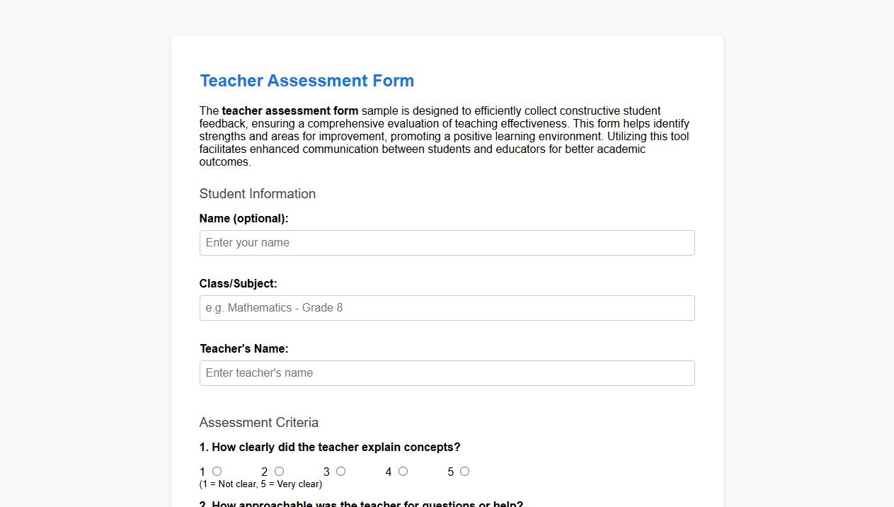 teacher assessment form sample for student feedback collection image preview