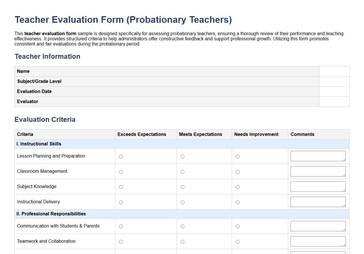 Teacher evaluation form sample for probationary teachers image preview