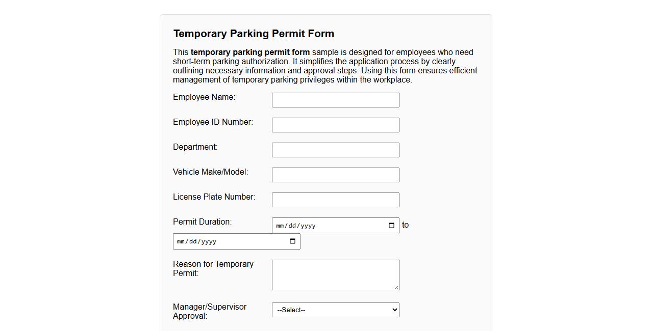 Temporary parking permit form sample for employees image preview