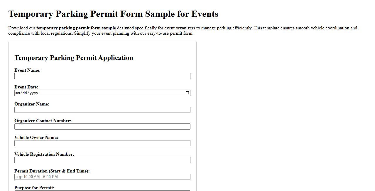 Temporary parking permit form sample for events image preview