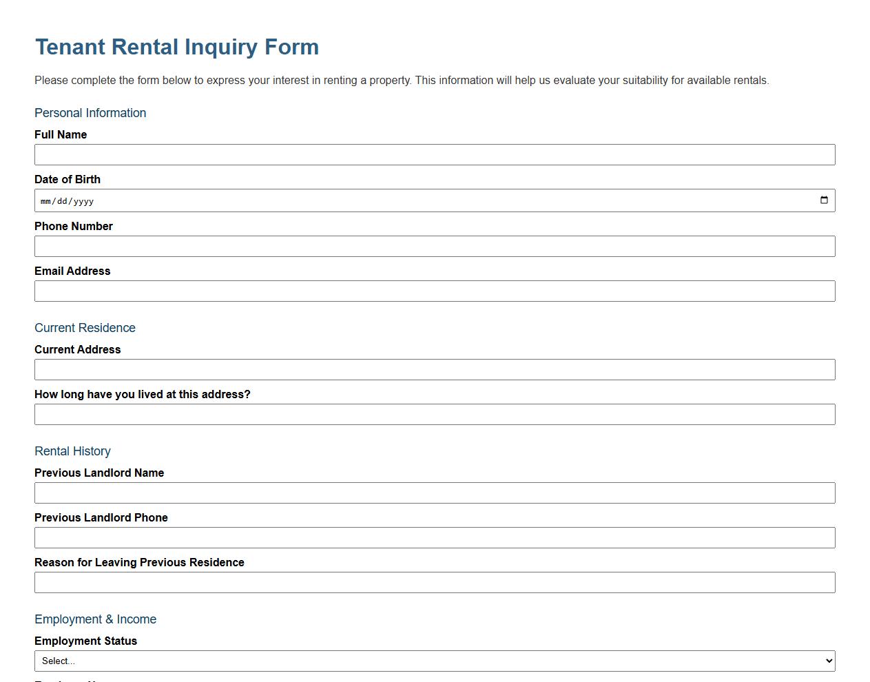 tenant rental inquiry form sample image preview