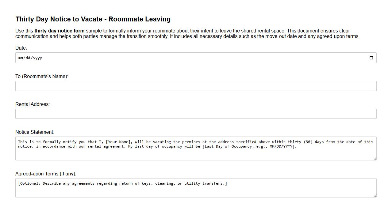 thirty day notice form sample for roommate leaving image preview