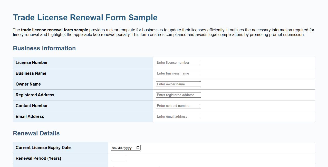 Trade license renewal form sample including late renewal penalty image preview