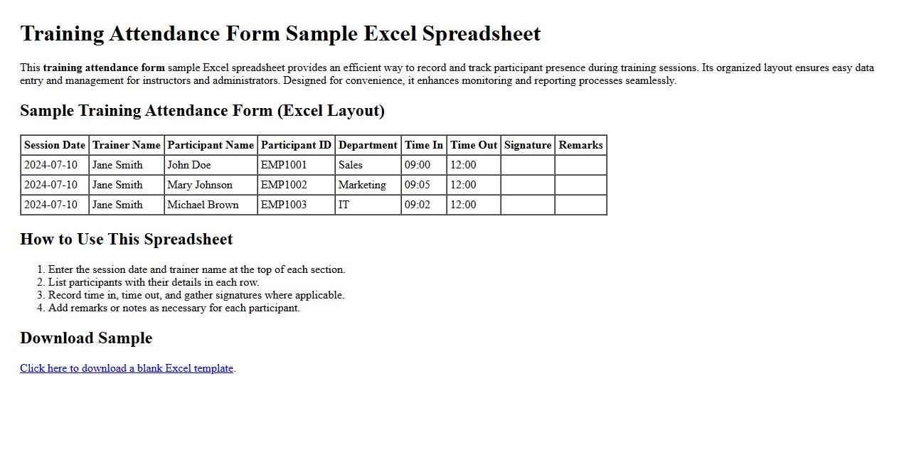 training attendance form sample excel spreadsheet image preview