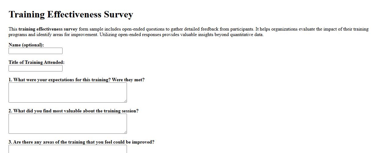 Training effectiveness survey form sample with open-ended questions image preview