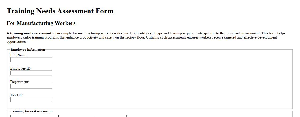 Training needs assessment form sample for manufacturing workers image preview