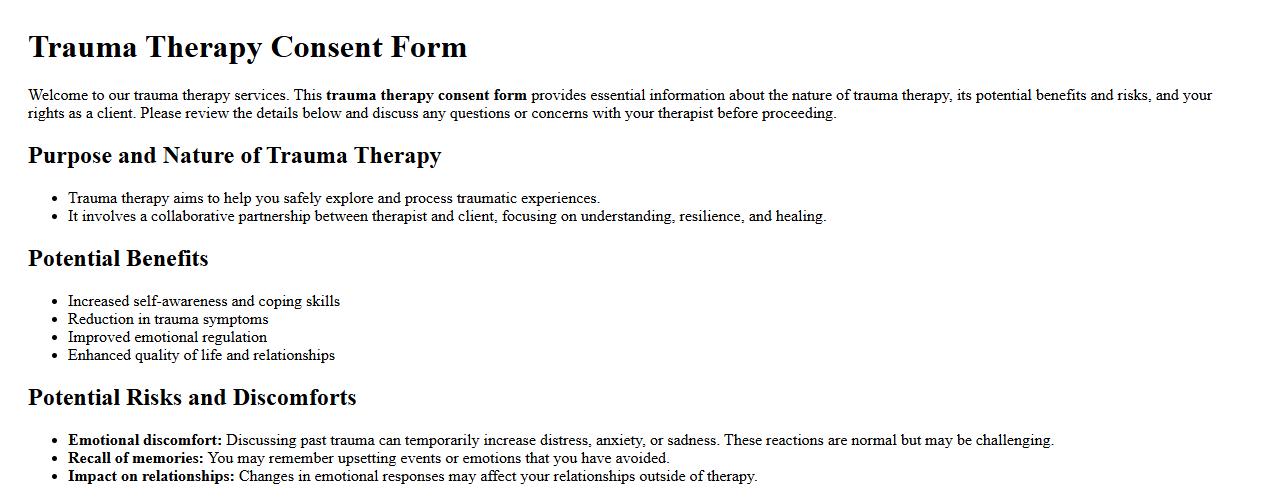 Trauma therapy consent form sample with risks image preview