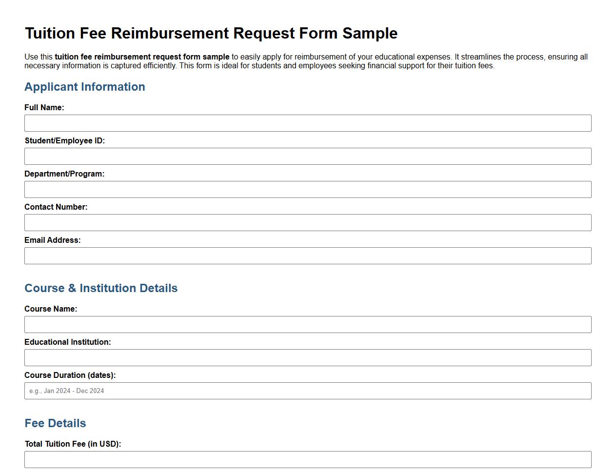 tuition fee reimbursement request form sample image preview