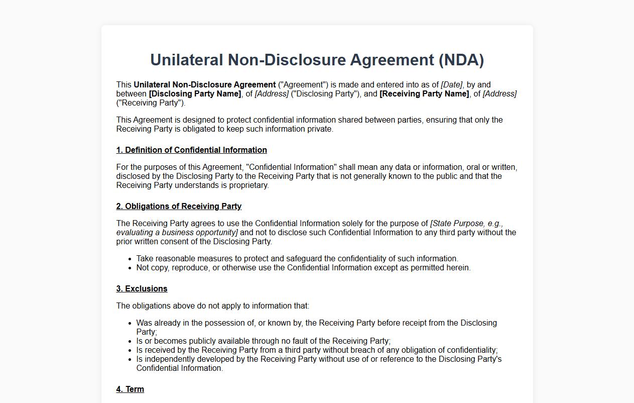 unilateral non-disclosure agreement form sample word image preview