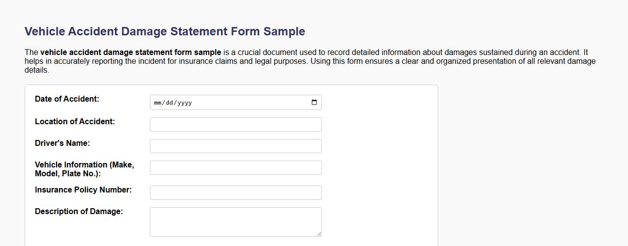 Vehicle accident damage statement form sample image preview