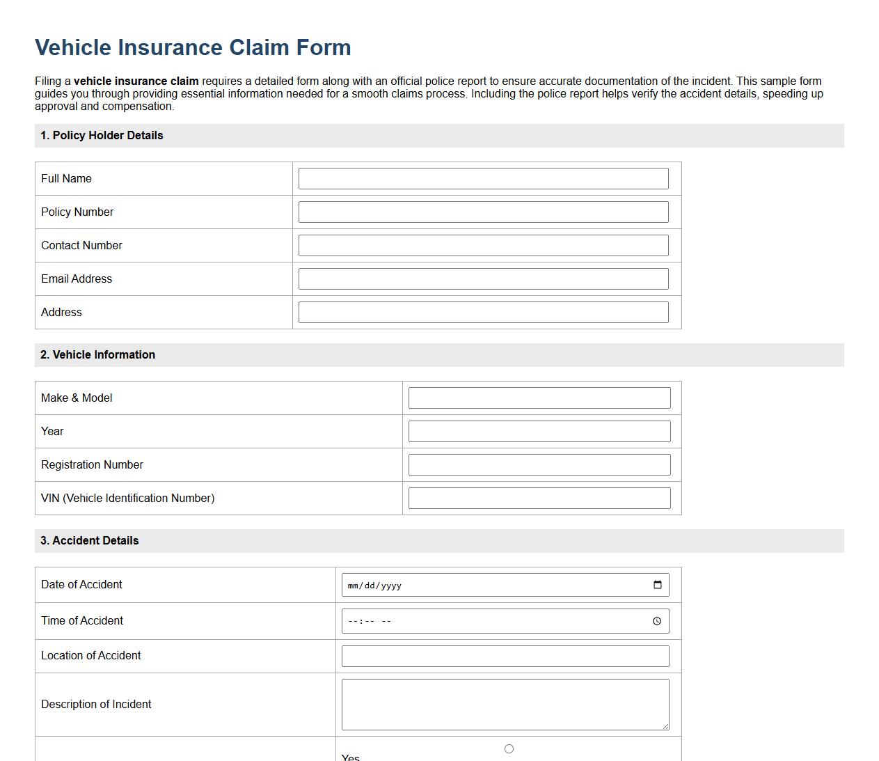 vehicle insurance claim form sample with police report image preview