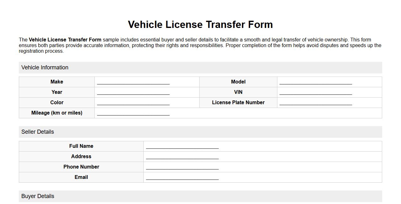 Vehicle License Transfer Form Sample with Buyer and Seller Details image preview