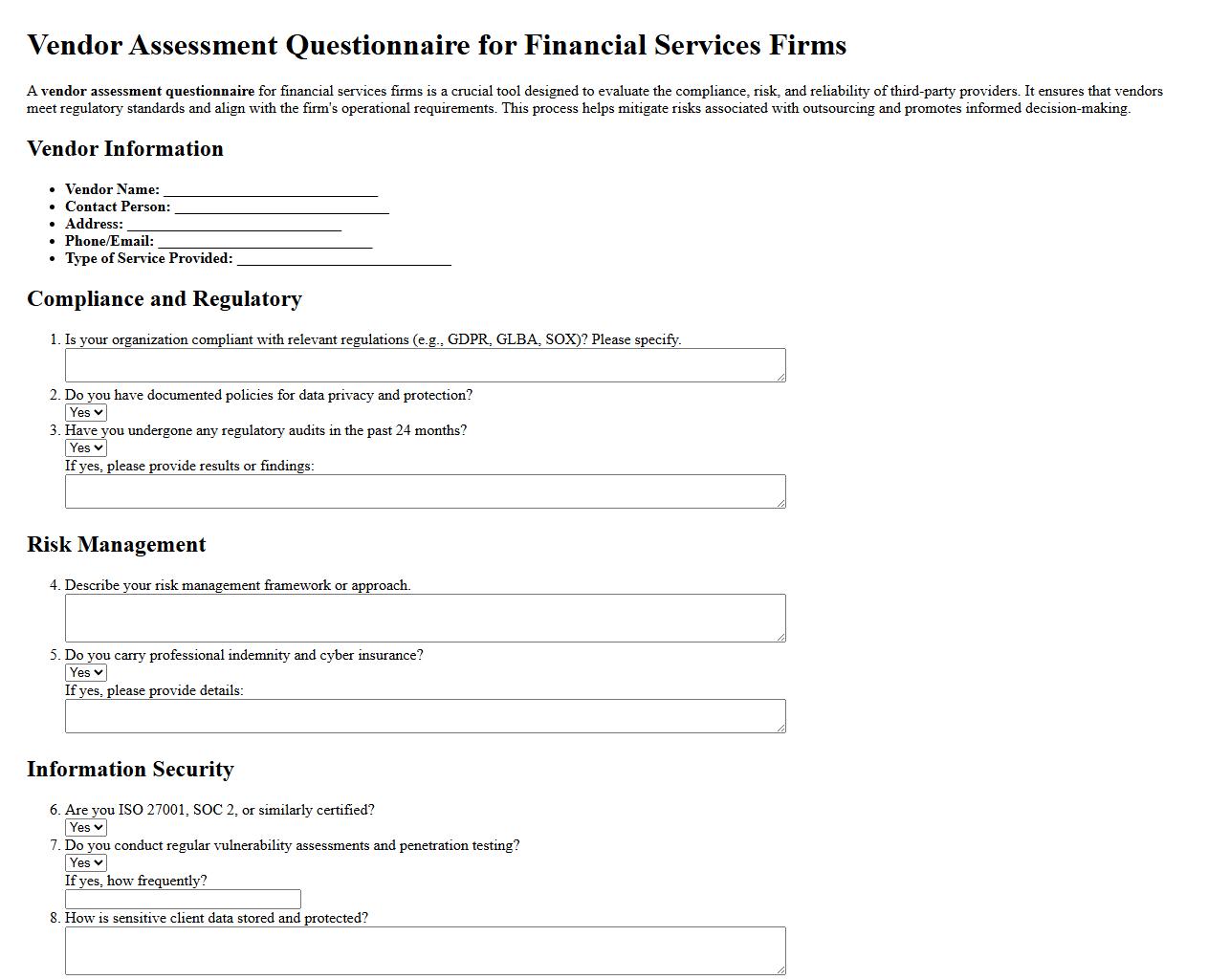 vendor assessment questionnaire for financial services firms image preview