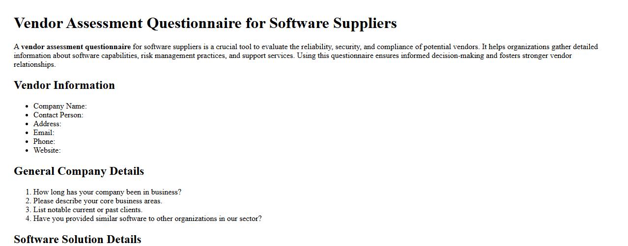 vendor assessment questionnaire for software suppliers image preview