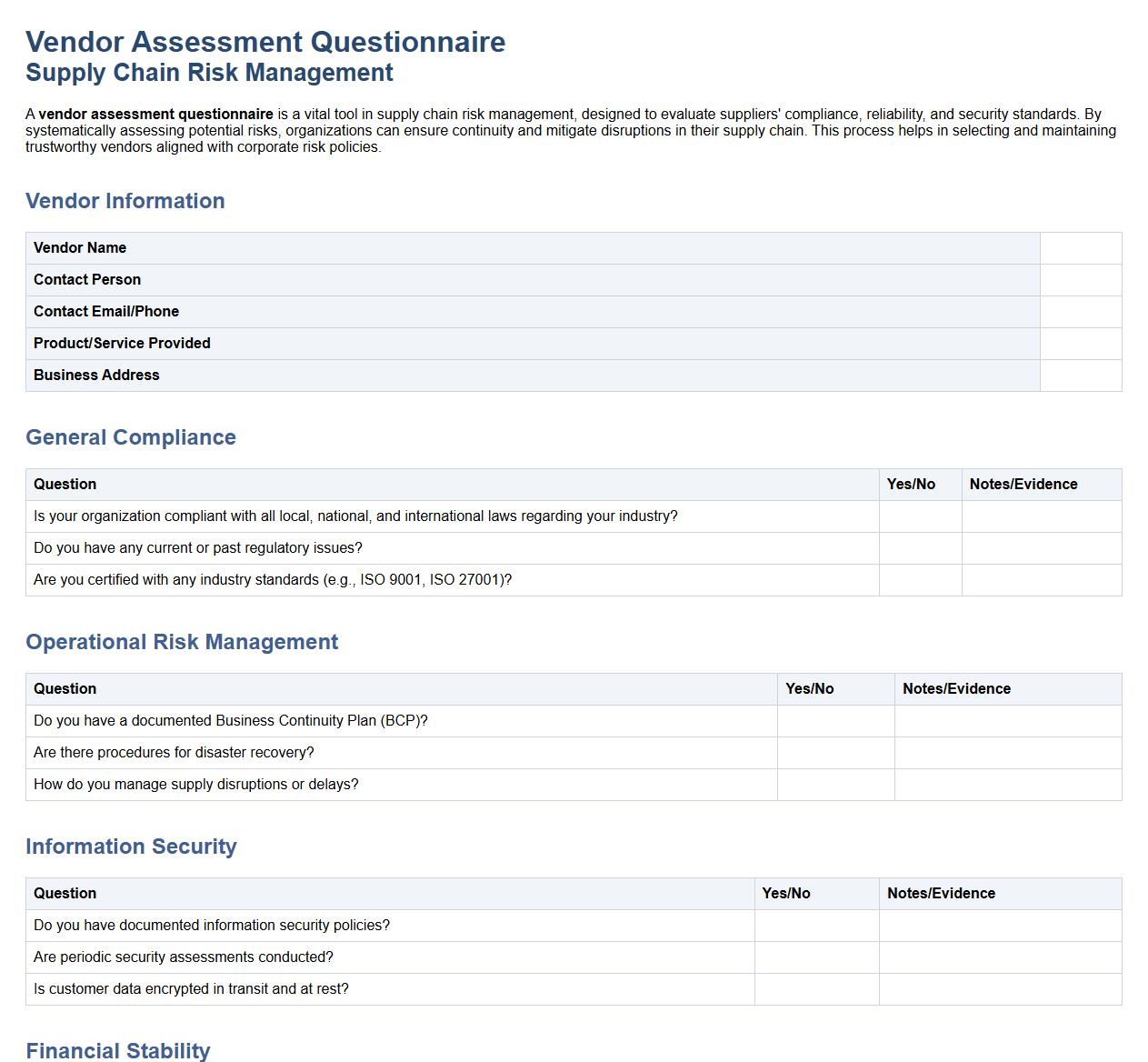 vendor assessment questionnaire for supply chain risk management image preview