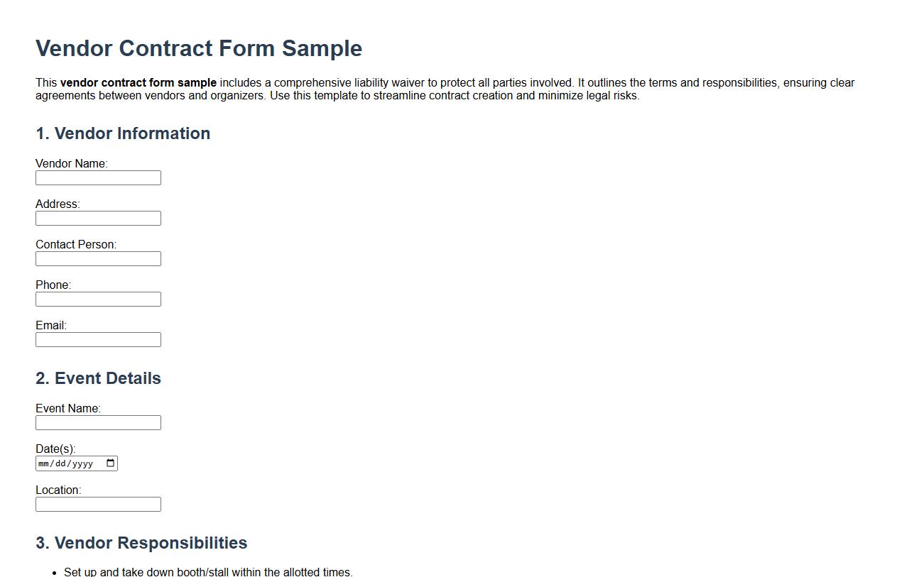 vendor contract form sample including liability waiver image preview