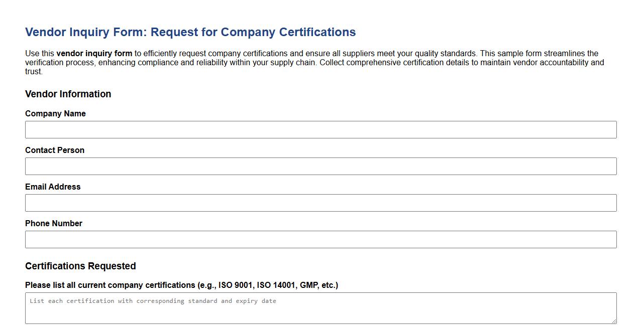 Vendor inquiry form sample requesting company certifications image preview