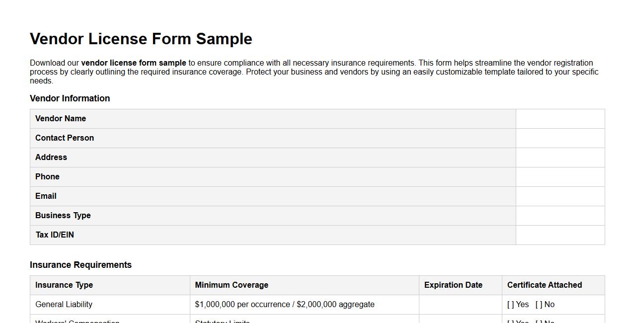 vendor license form sample with insurance requirements image preview