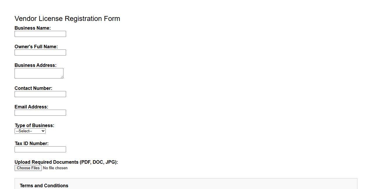 vendor license registration form sample with terms and conditions image preview