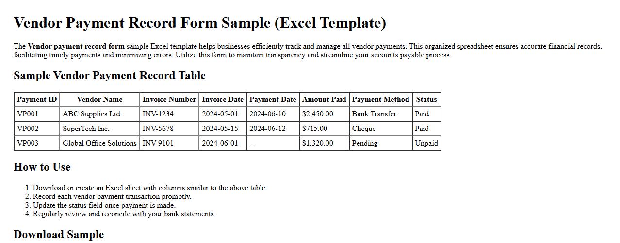 Vendor payment record form sample Excel image preview