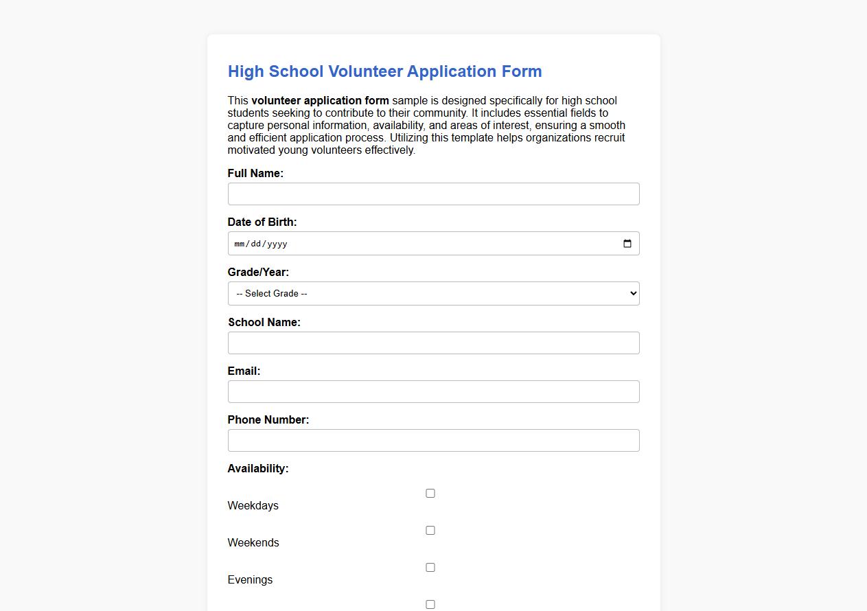 Volunteer application form sample for high school students image preview