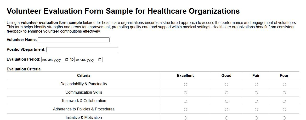 Volunteer evaluation form sample for healthcare organizations image preview