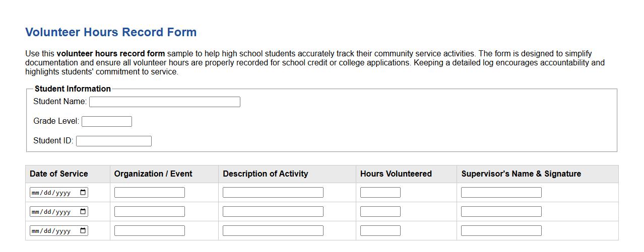 volunteer hours record form sample for high school students image preview