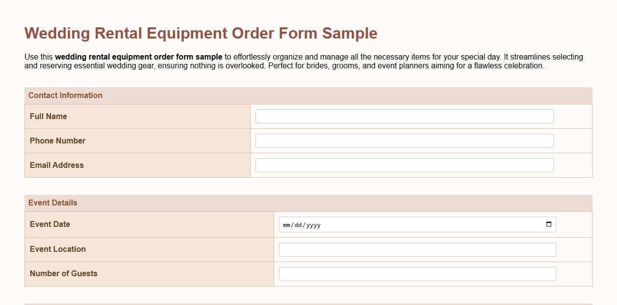 wedding rental equipment order form sample image preview