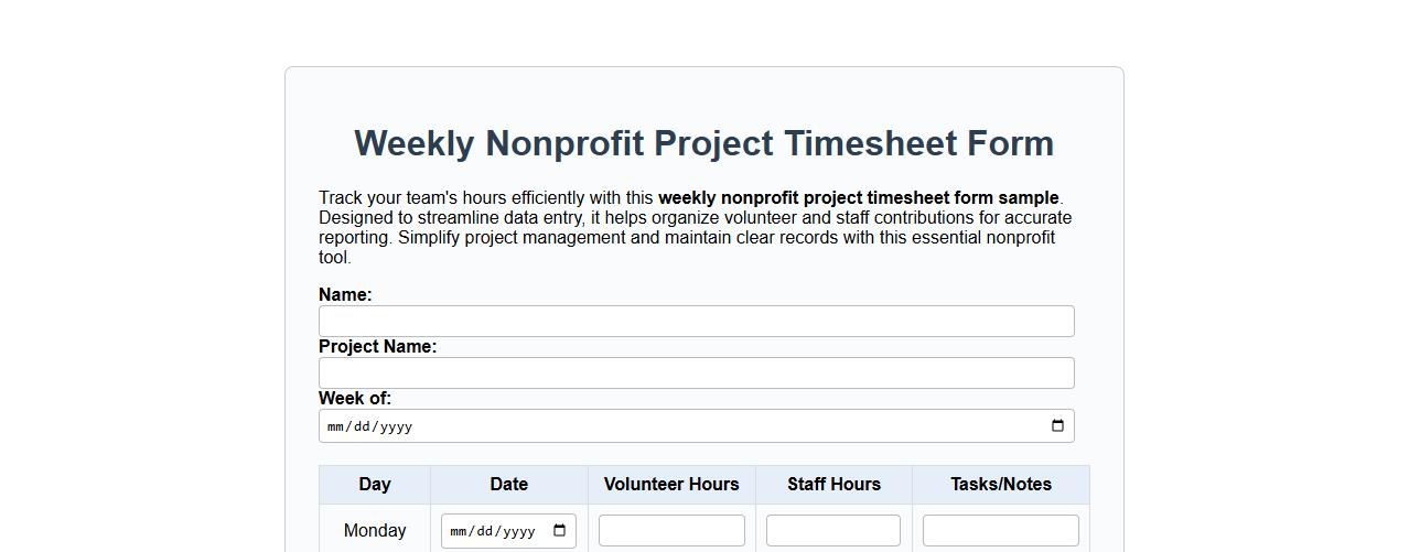 Weekly nonprofit project timesheet form sample image preview